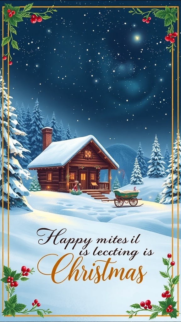 A festive Christmas card with a snowy scene, cozy cabin, and a heartwarming quote.